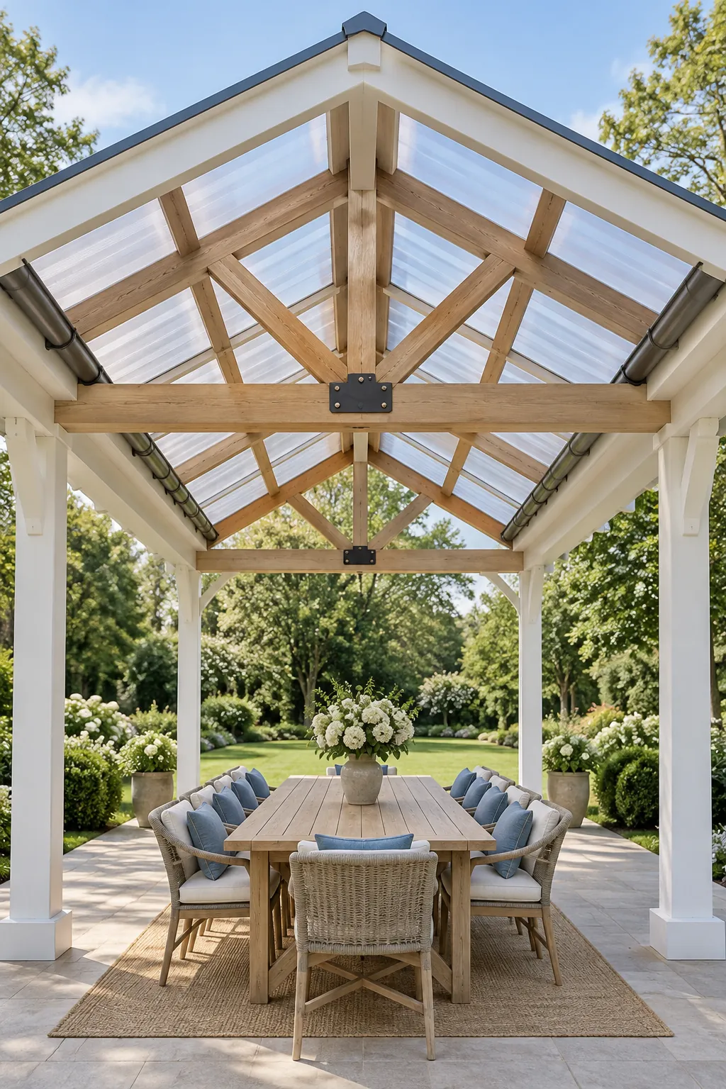 Open sided pergola with high gabled roof