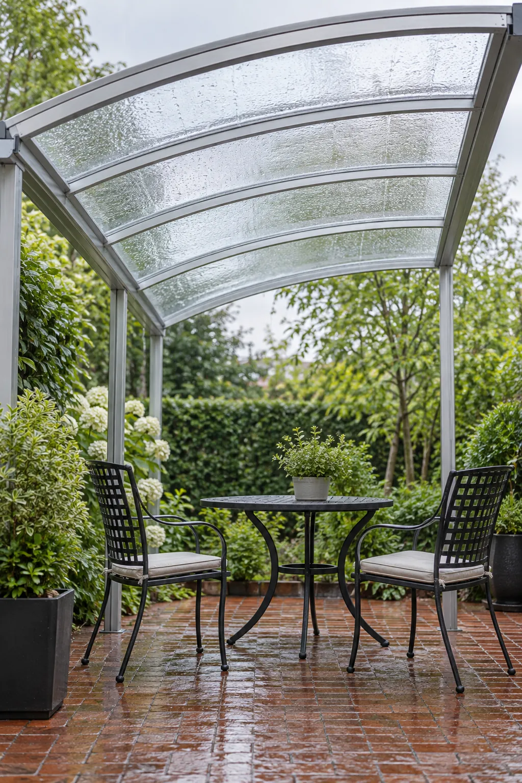 Compact pergola with curved polycarbonate roof