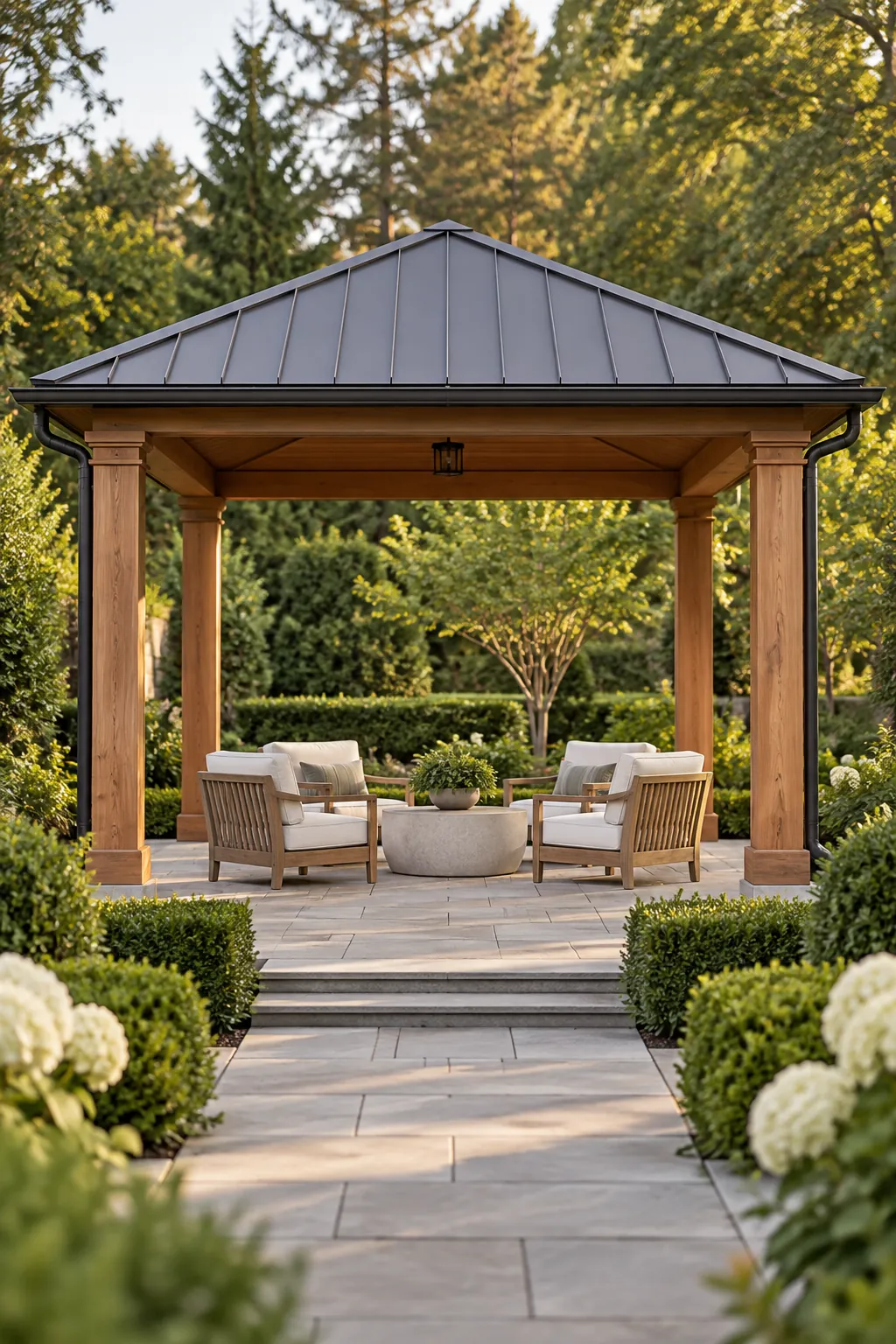 Garden pergola with low hipped roof
