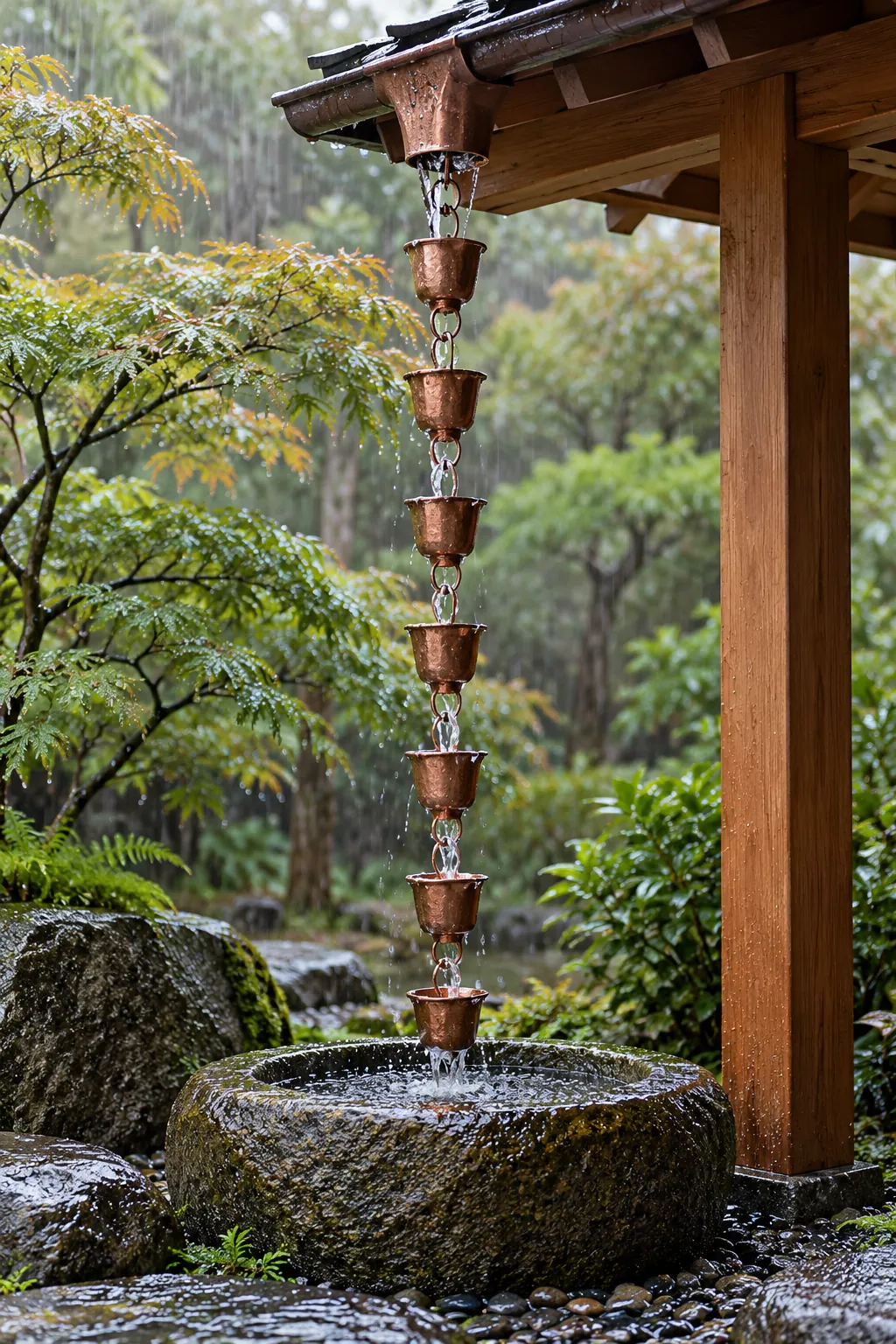 Pergola roof corner with gutter and rain chain