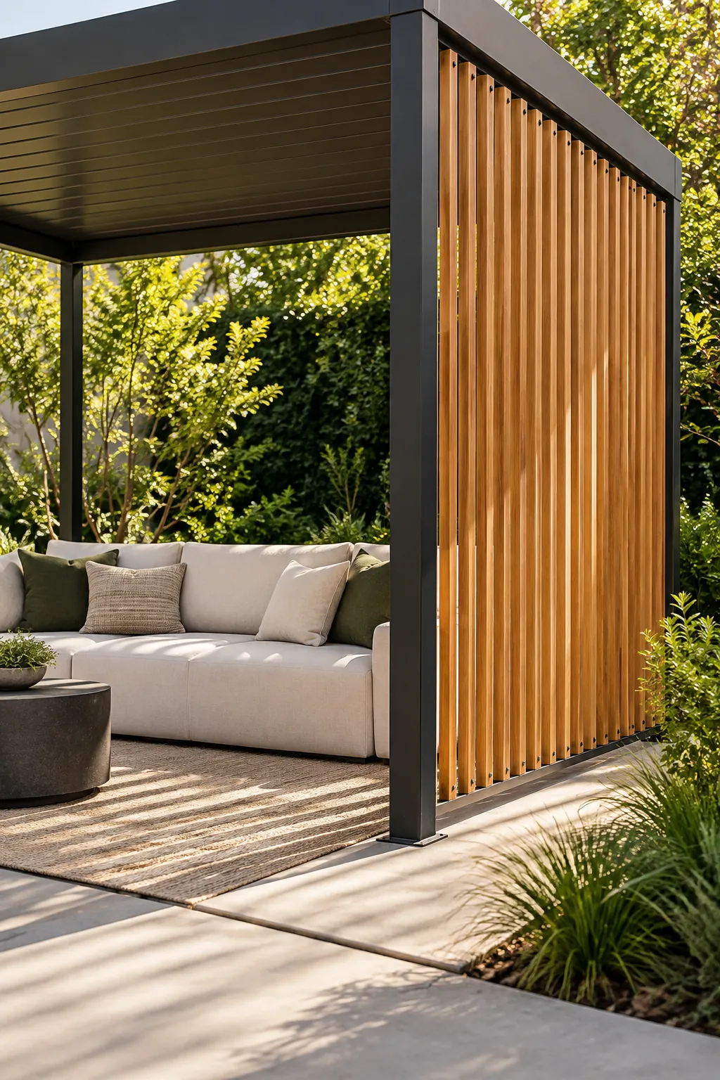 Roofed pergola with one timber privacy screen