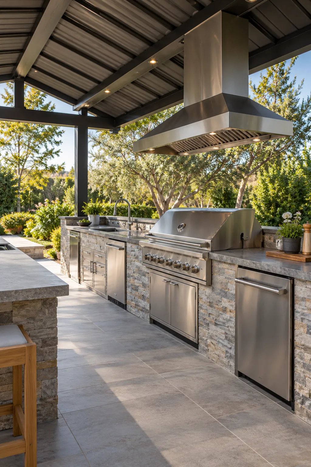 Roofed pergola designed around an outdoor kitchen