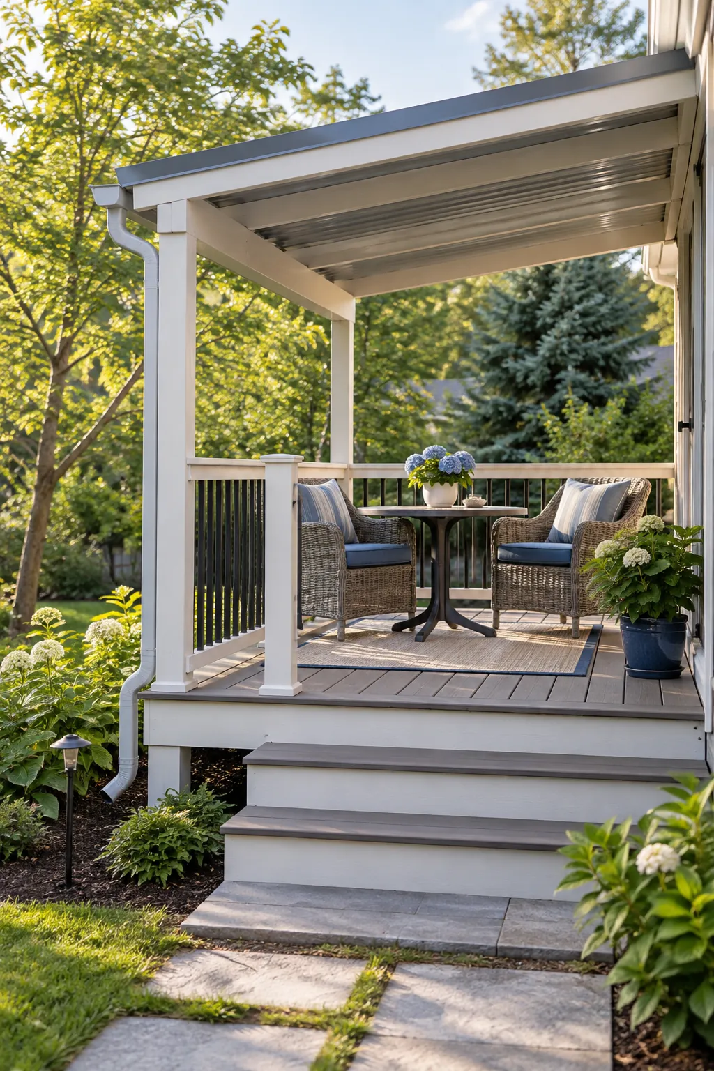 Compact roofed pergola over a small deck seating area