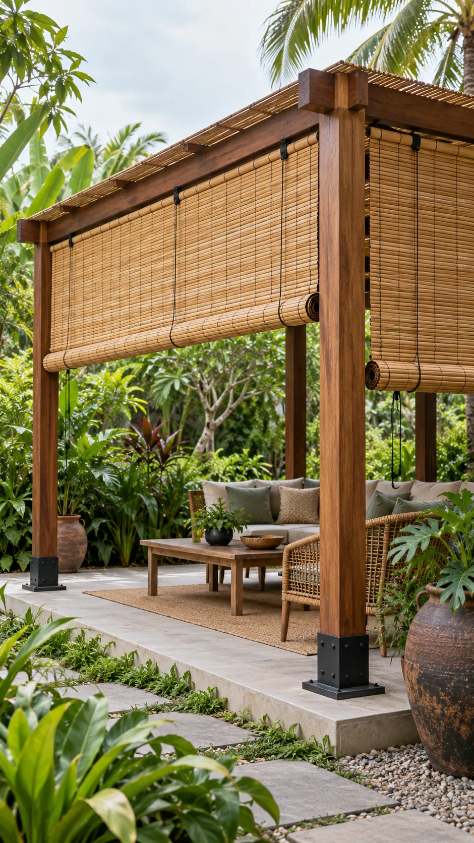 Bamboo Roll Shade in a practical backyard