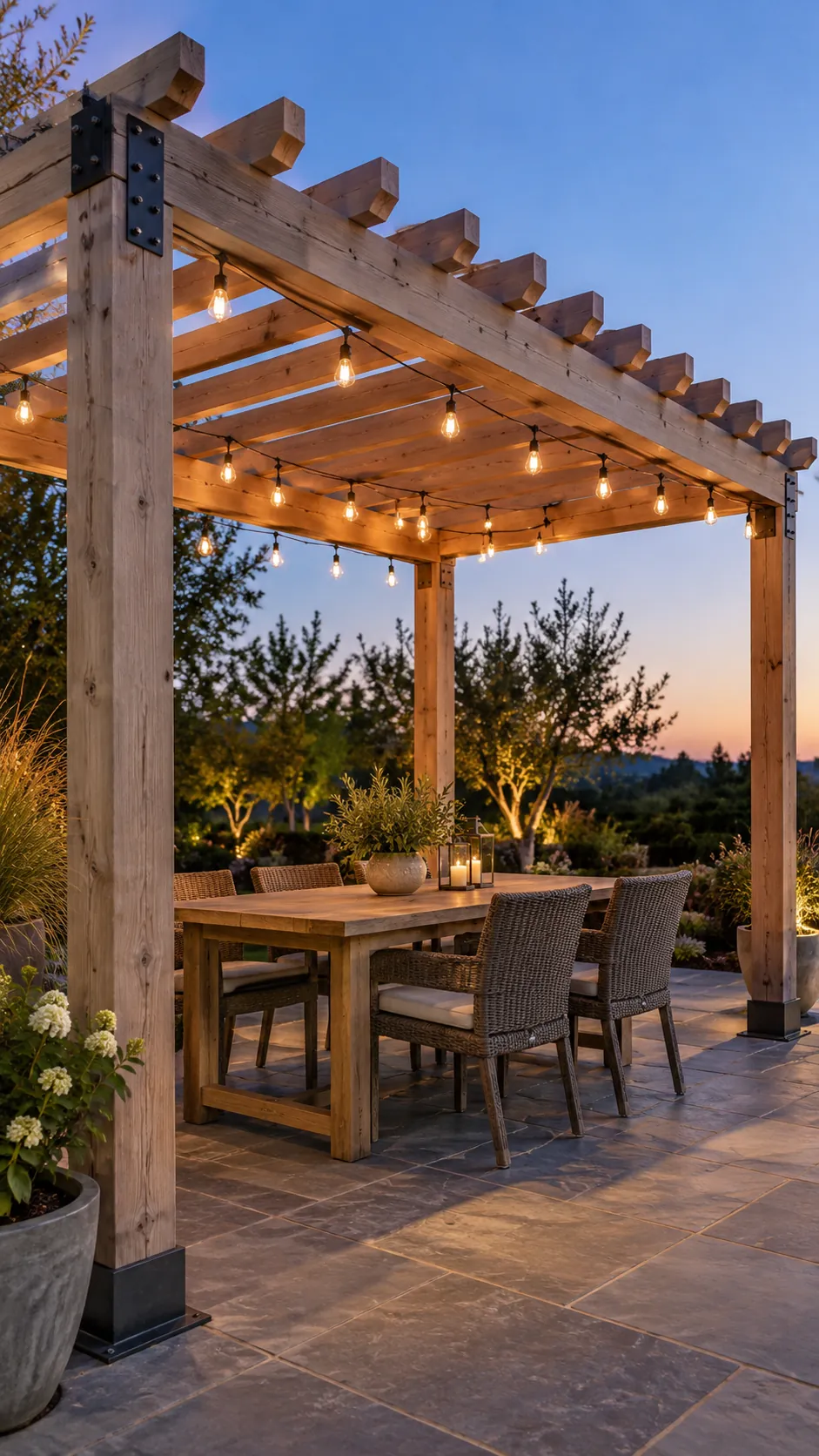 String Light Dining Zone in a practical backyard