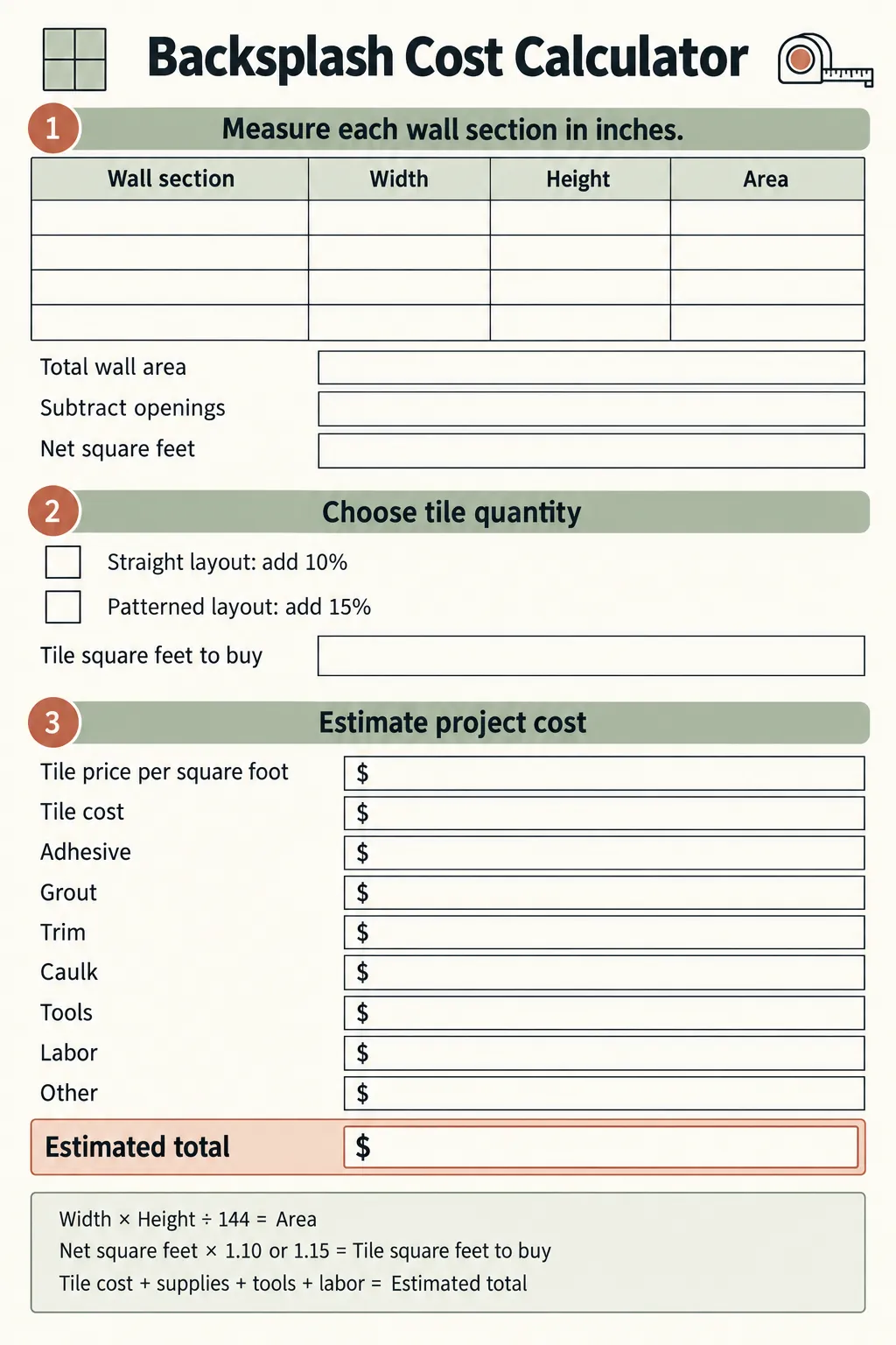 Printable budget kitchen backsplash cost calculator by square foot