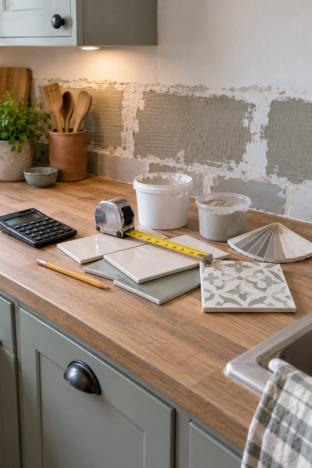 Budget kitchen backsplash materials measured beside a tile sample board