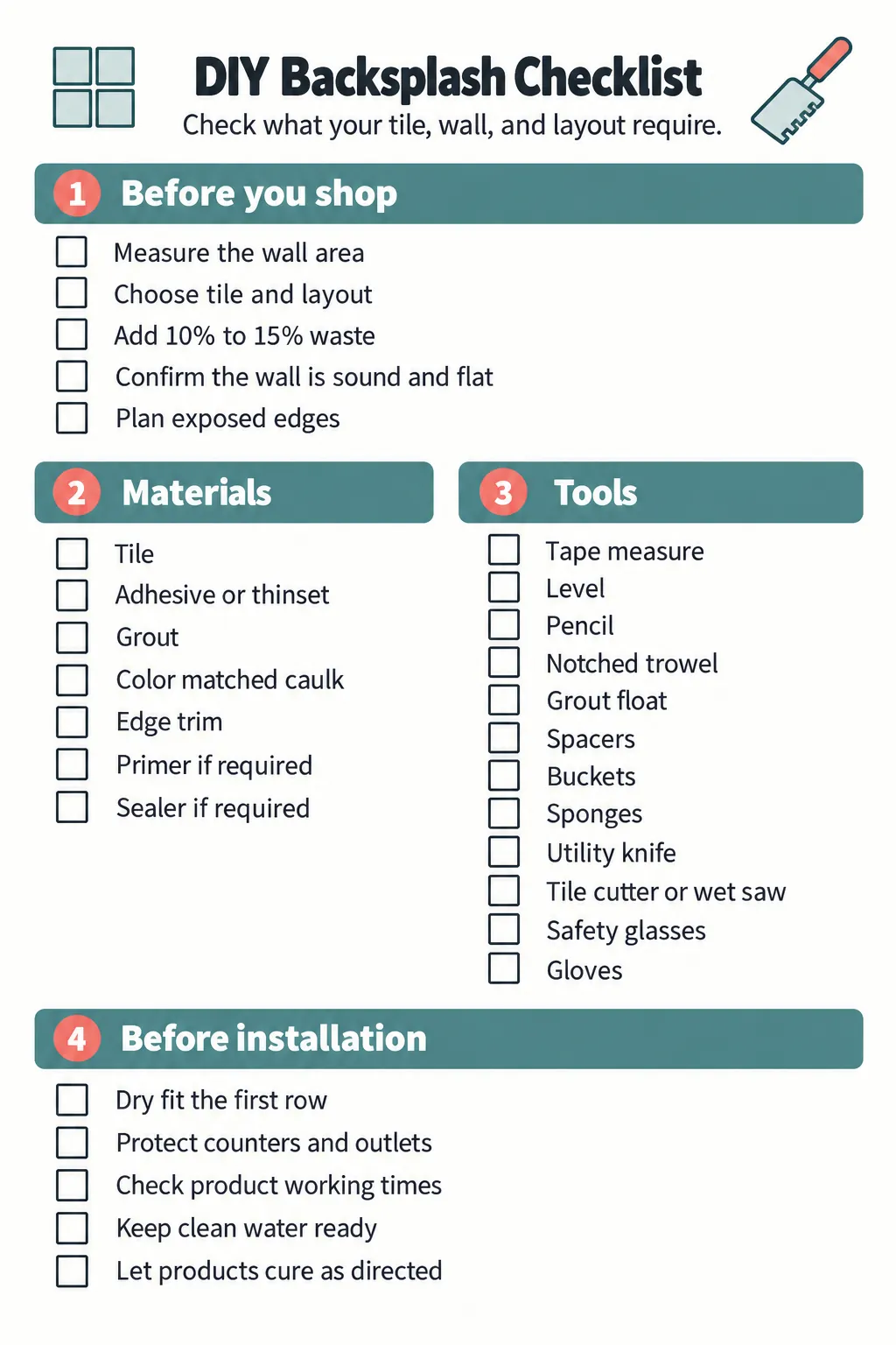 Printable budget kitchen backsplash DIY materials and tools checklist