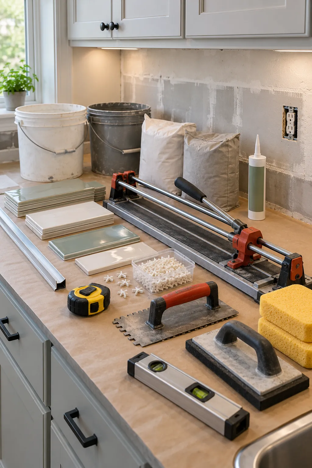 Affordable DIY kitchen backsplash materials and tile tools on a protected counter