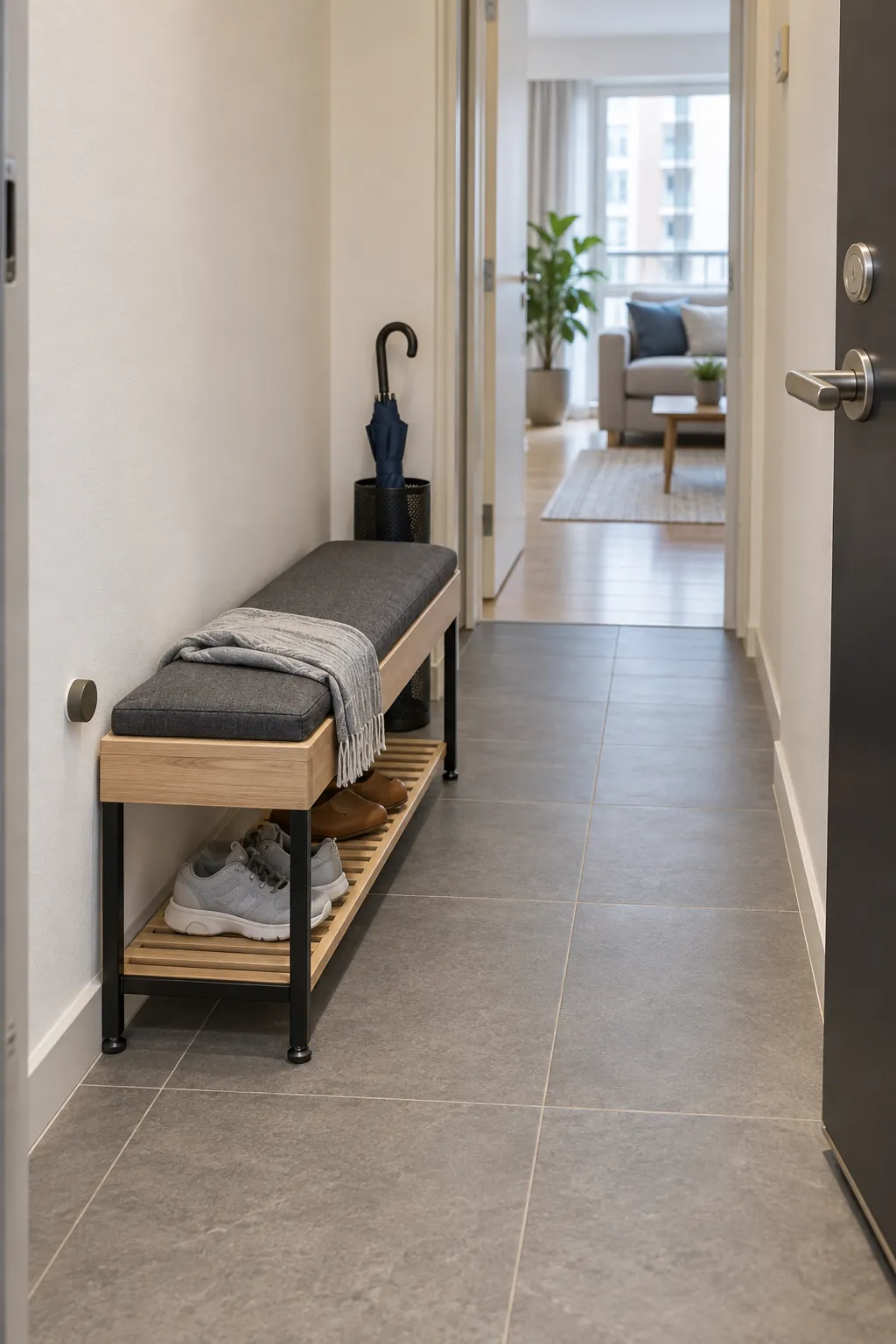 Low profile shoe bench in a narrow apartment entryway