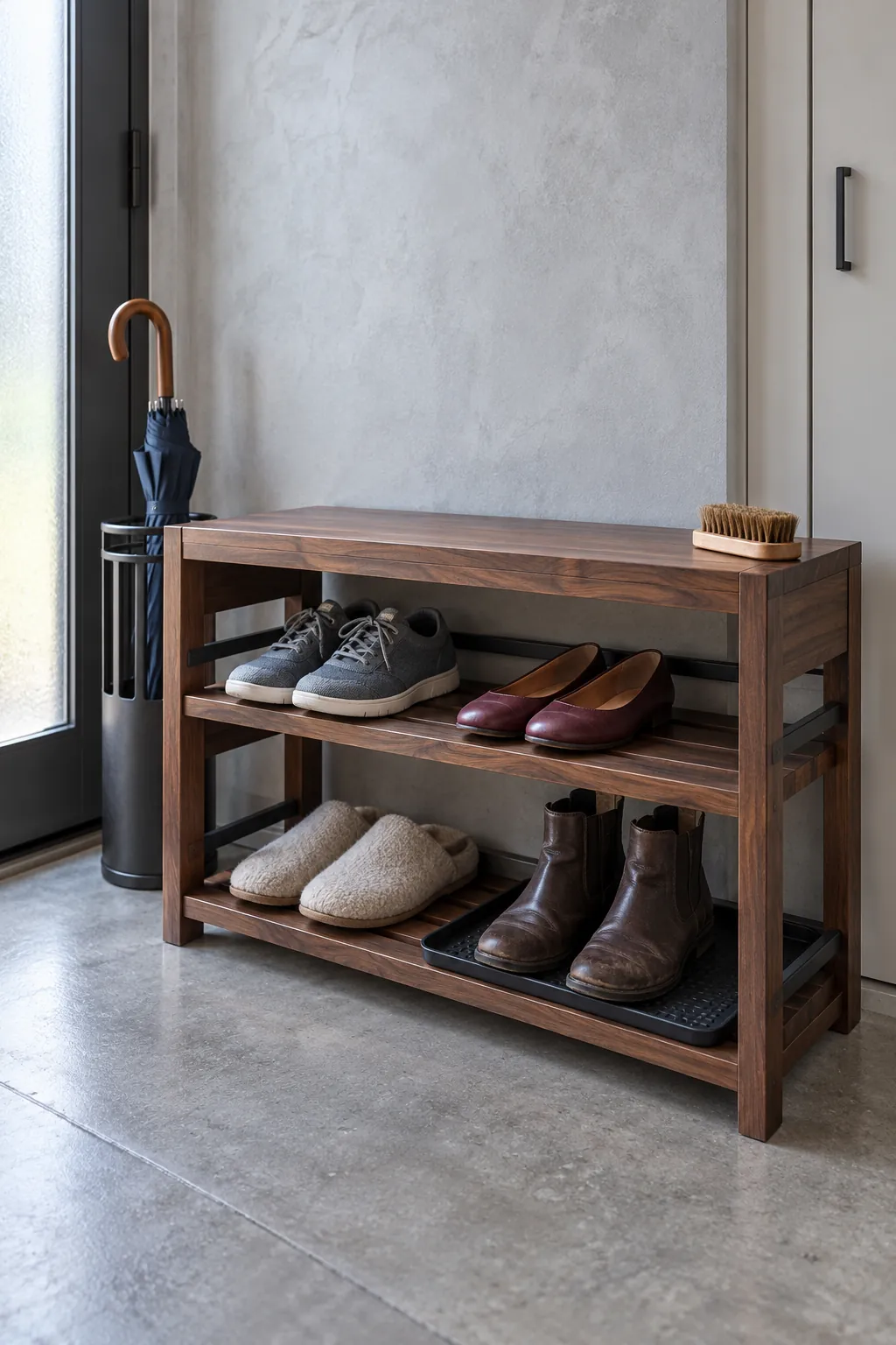 Everyday shoes fitted on an open low profile entryway bench