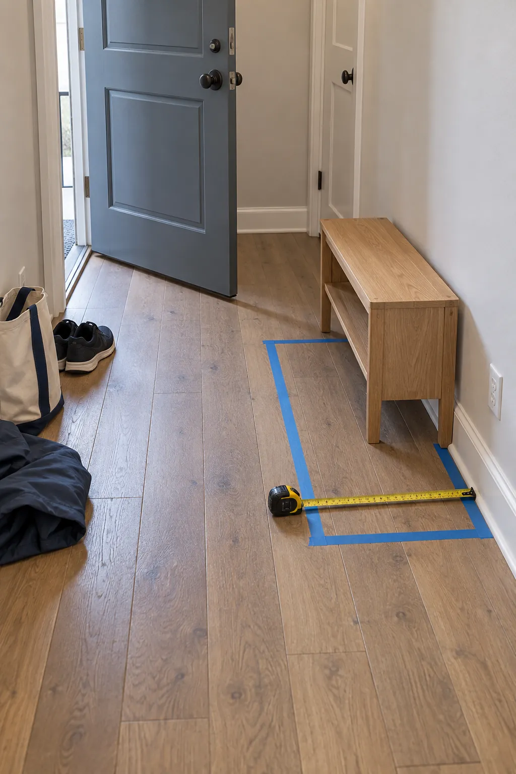 Tape measure checking clearance for a narrow apartment shoe bench