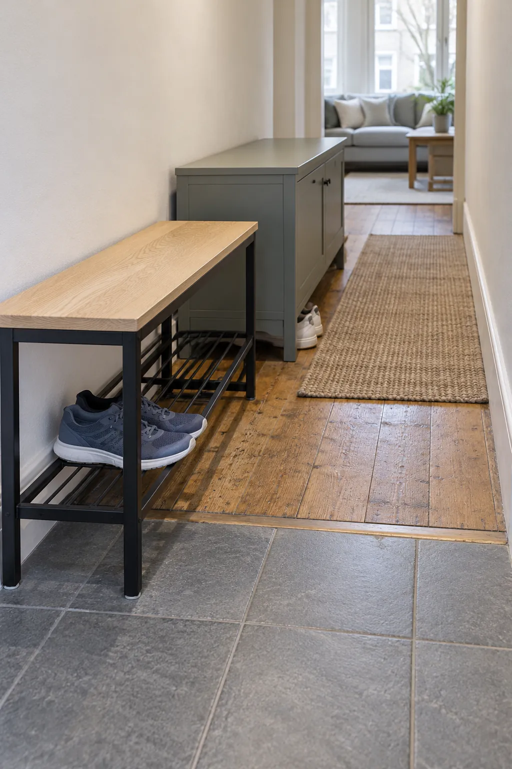 Slim shoe bench depth compared with walking clearance in a small entryway
