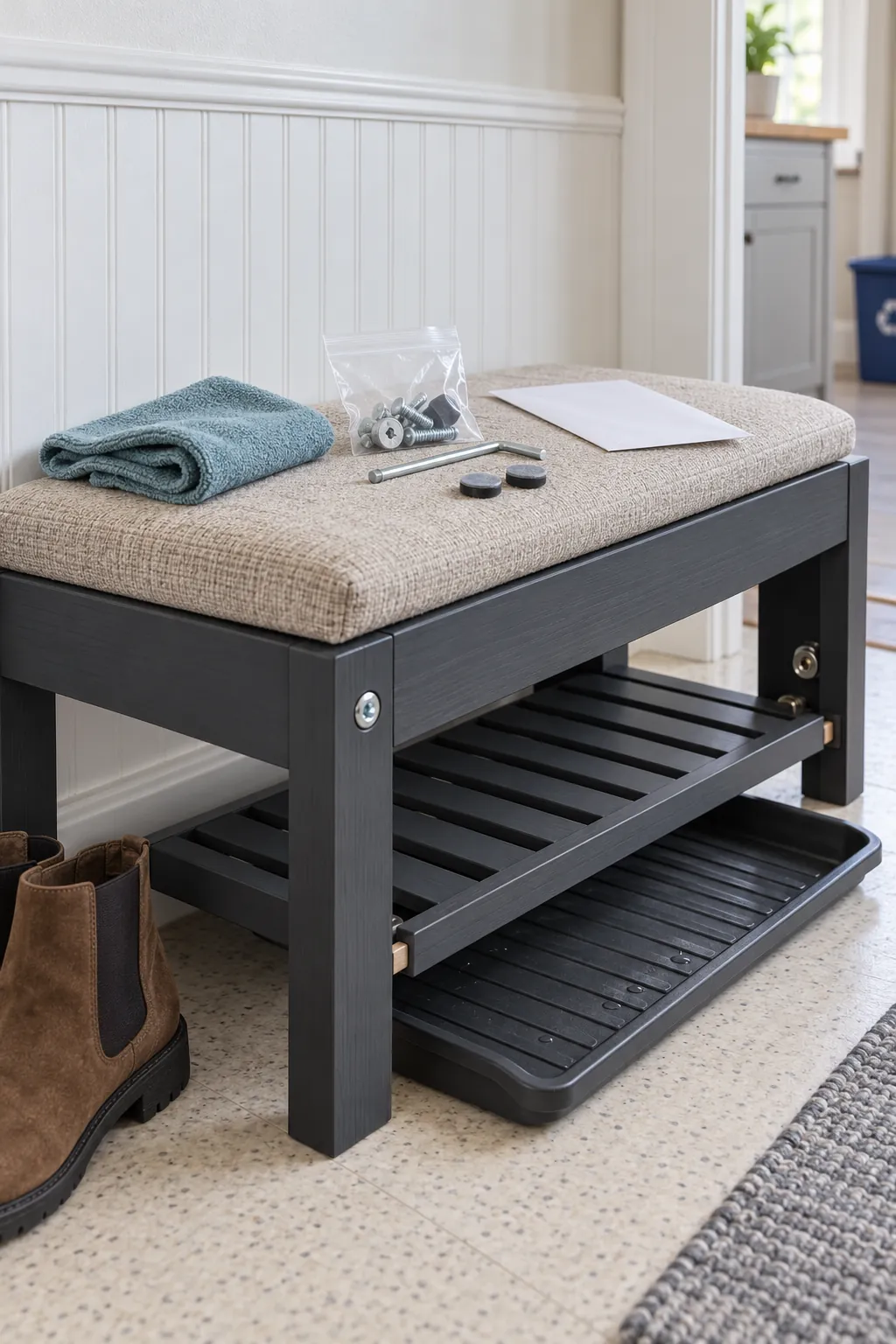 Compact shoe bench showing sturdy joints and easy clean storage details
