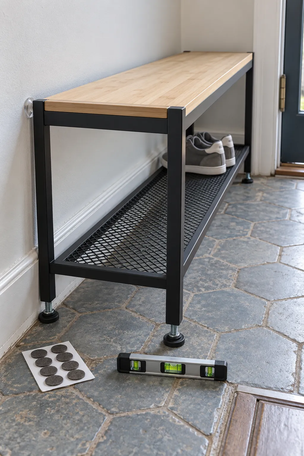 Renter friendly shoe bench with adjustable feet and wall bumpers