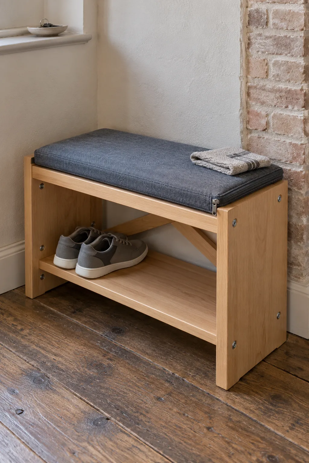 Stable compact shoe bench with a practical washable seat cushion