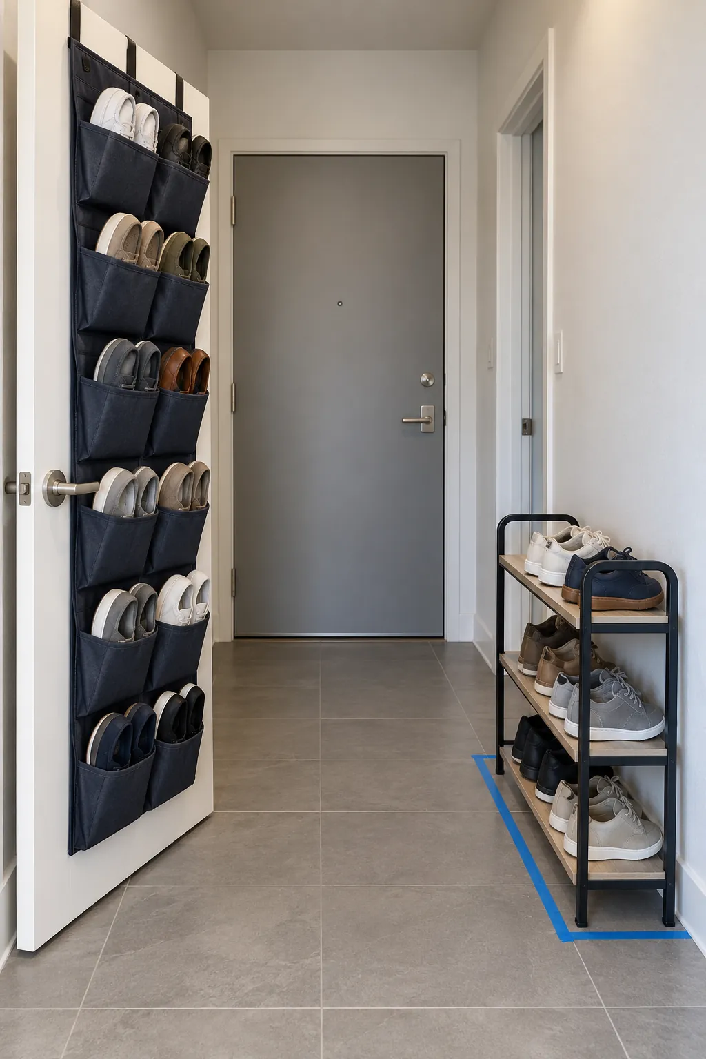 Vertical door shoe storage compared with a narrow floor rack