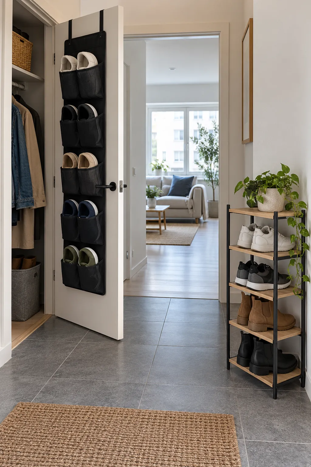 Over door and freestanding shoe racks in a small apartment