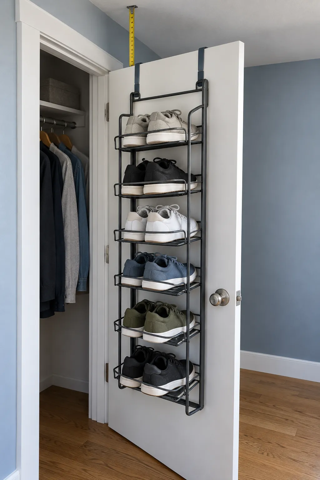 Over door shoe rack clearance checked on a small apartment door