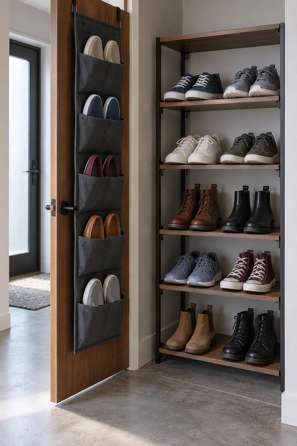 Different everyday shoes fitted to door and freestanding storage