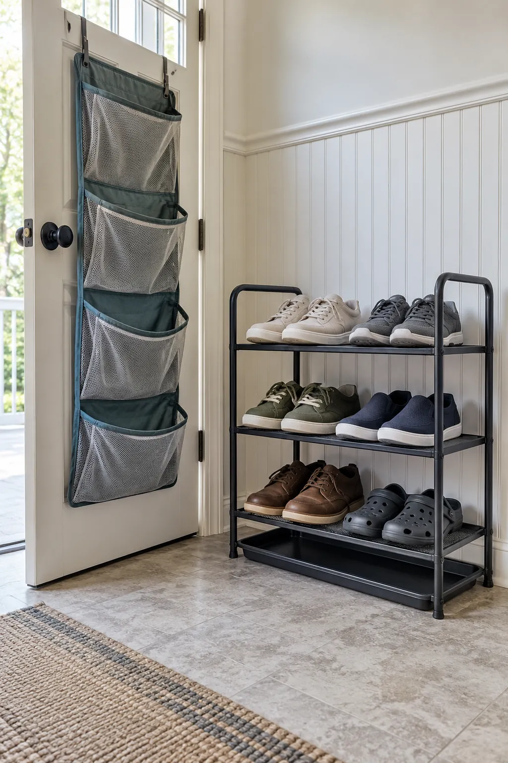 Easy clean door organizer and freestanding shoe rack details