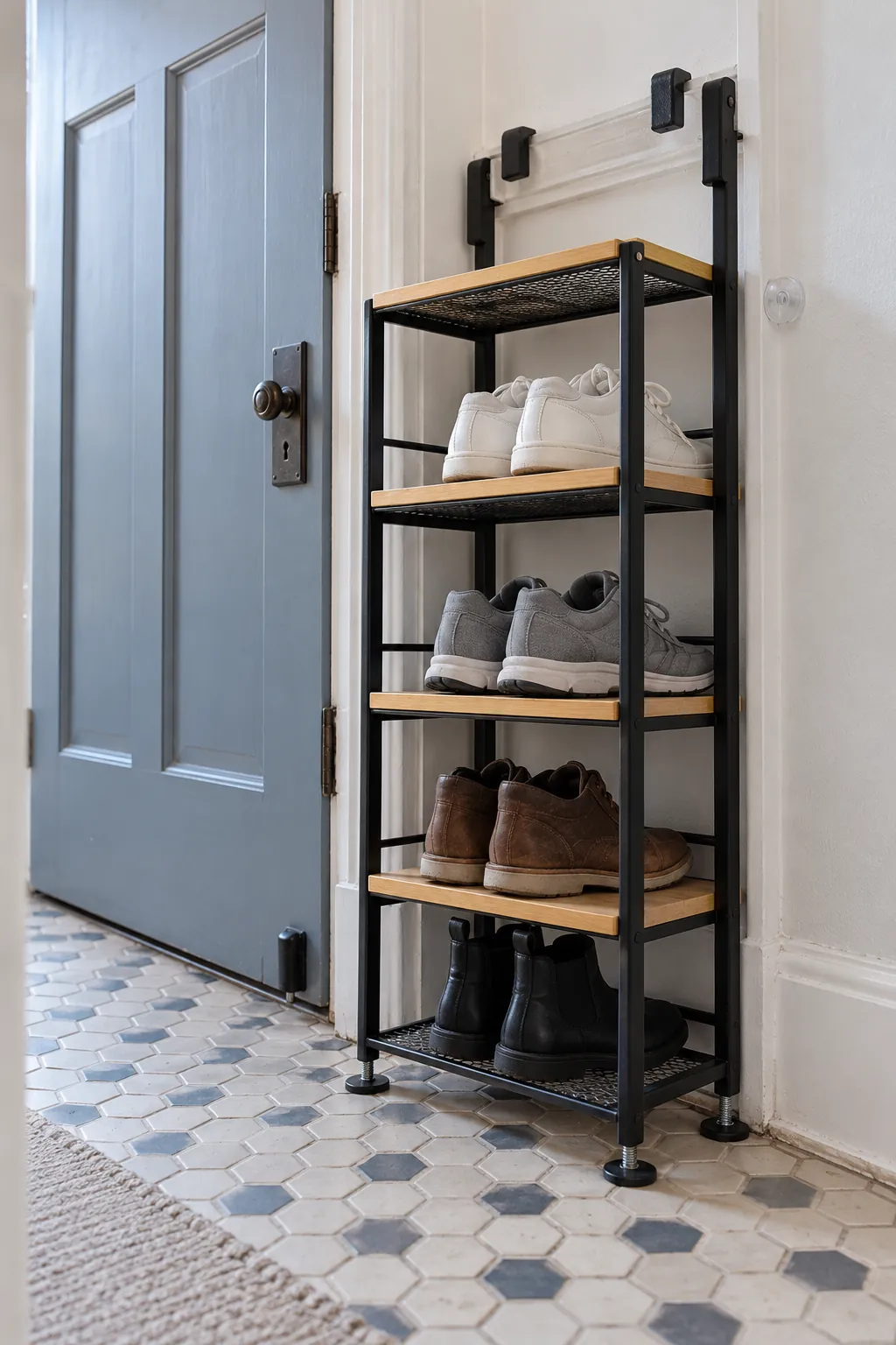 Padded door hooks and stable feet on renter shoe storage