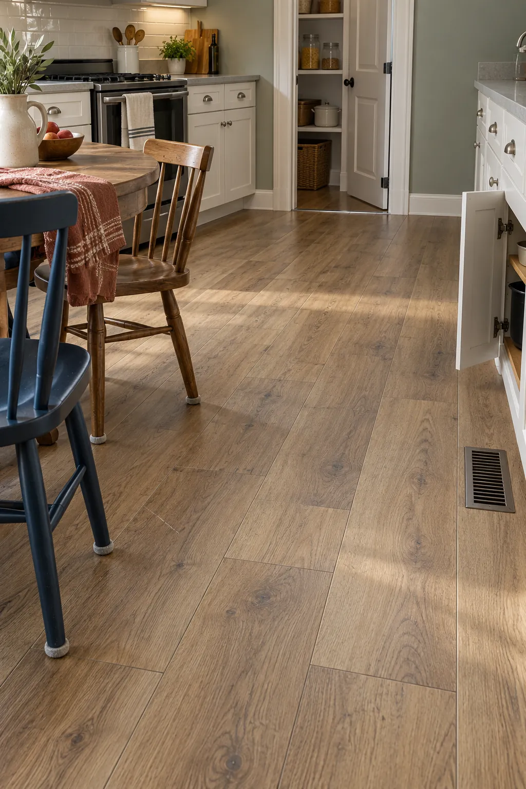 Luxury vinyl plank floor in a practical budget kitchen