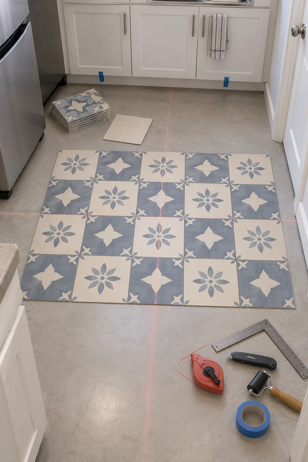Peel and stick floor tile layout prepared in a small rental kitchen