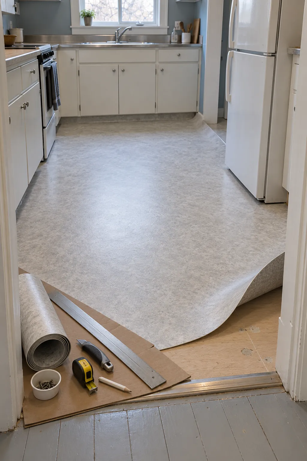 Sheet vinyl flooring being fitted across a modest kitchen