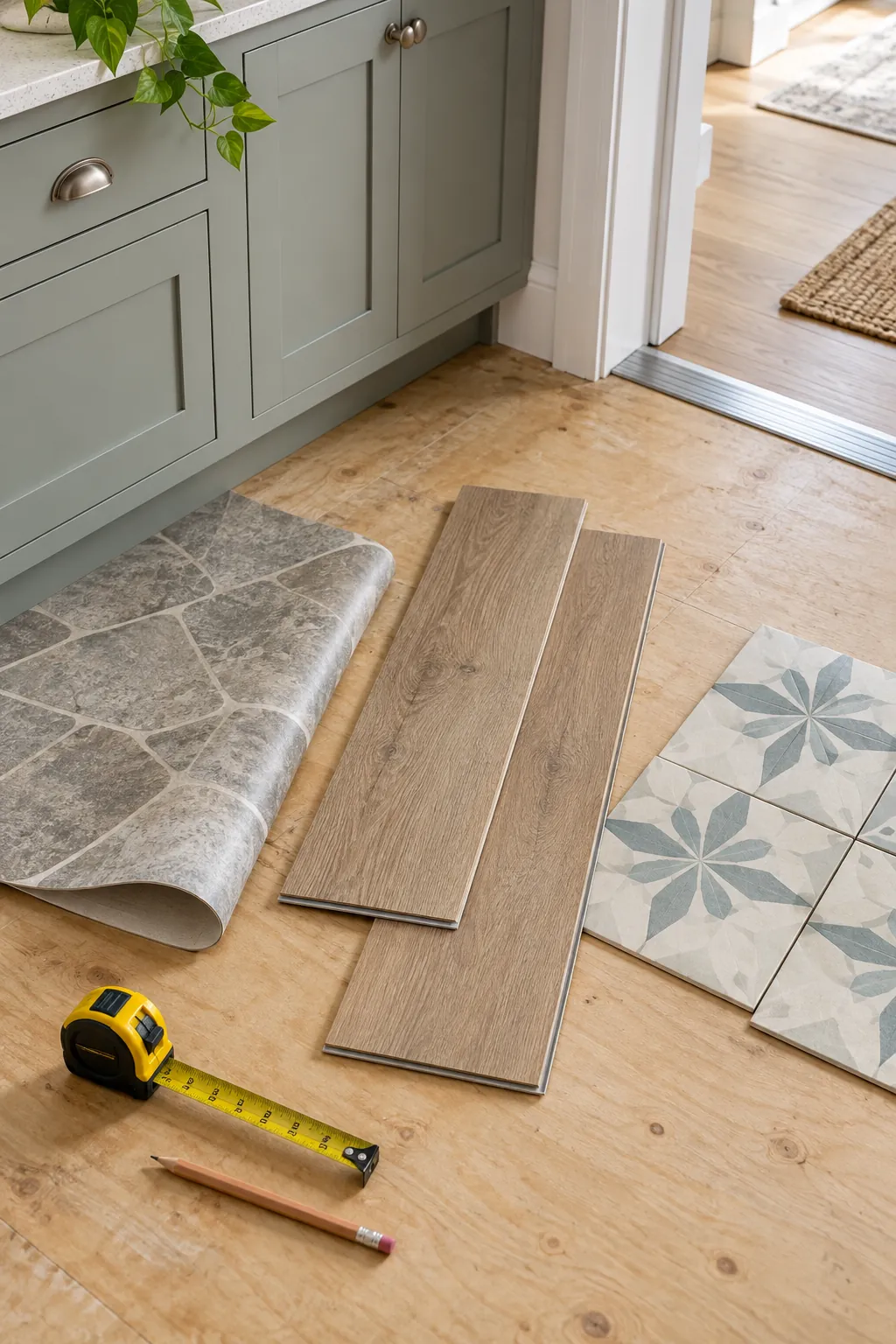 Sheet vinyl LVP and peel and stick samples for a budget kitchen flooring comparison