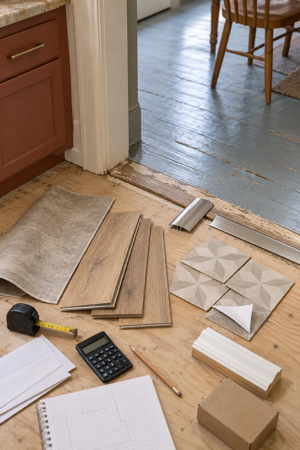 Sheet vinyl LVP and peel and stick flooring samples compared at a doorway