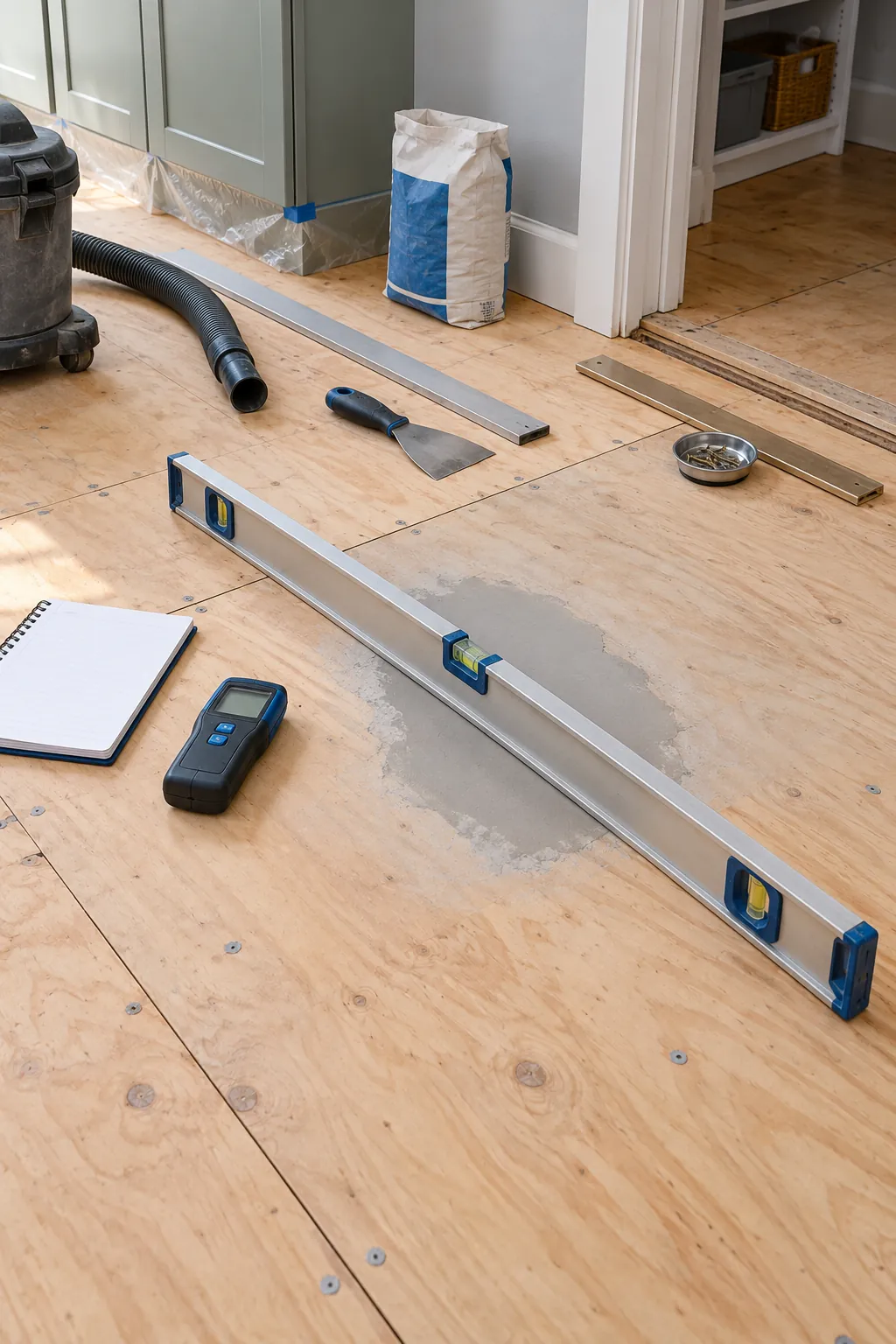 Kitchen subfloor checked for flatness before vinyl flooring installation