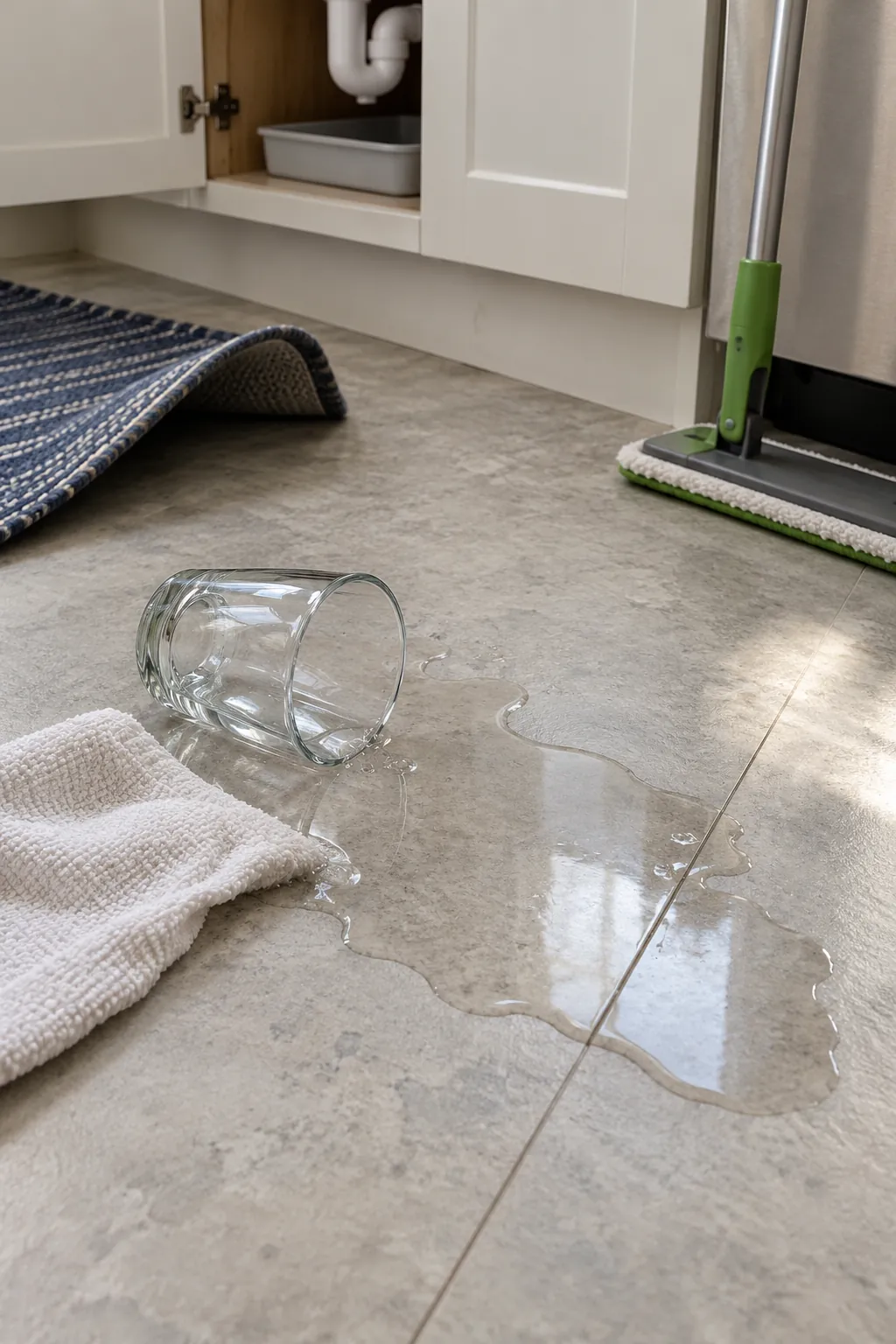 Water spill ready for quick cleanup on a kitchen vinyl floor
