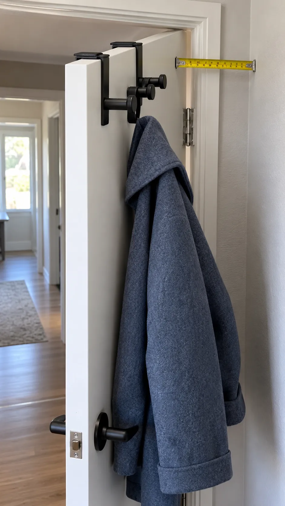 Over door coat hook clearance measured around a rental door frame