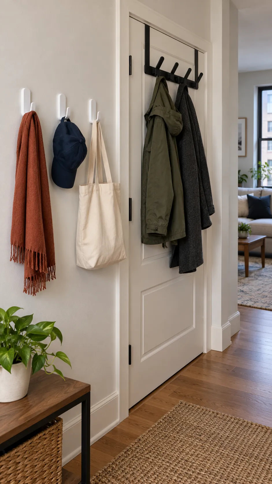 Adhesive and over door coat hooks in a renter entry
