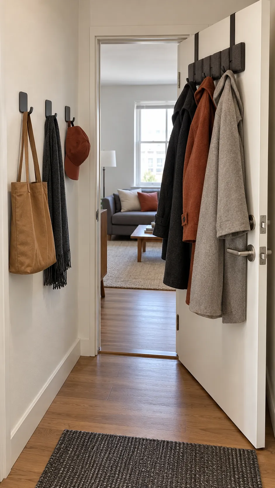 Adhesive and over door coat storage used in a small rental entry