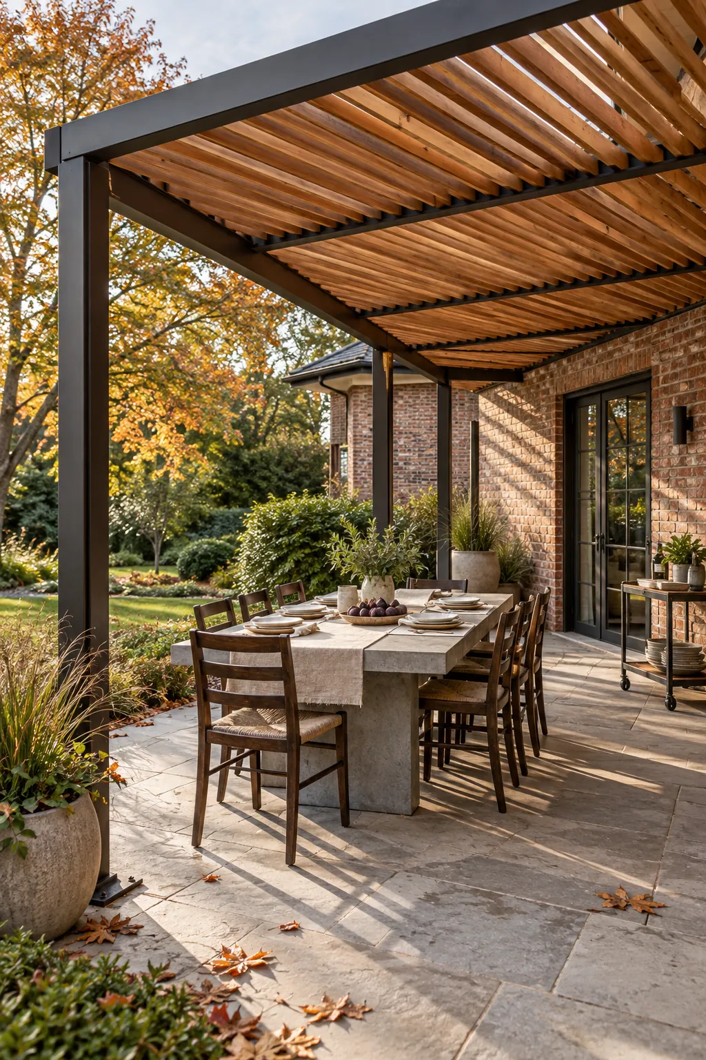 Cedar slats and dark steel modern pergola over outdoor dining