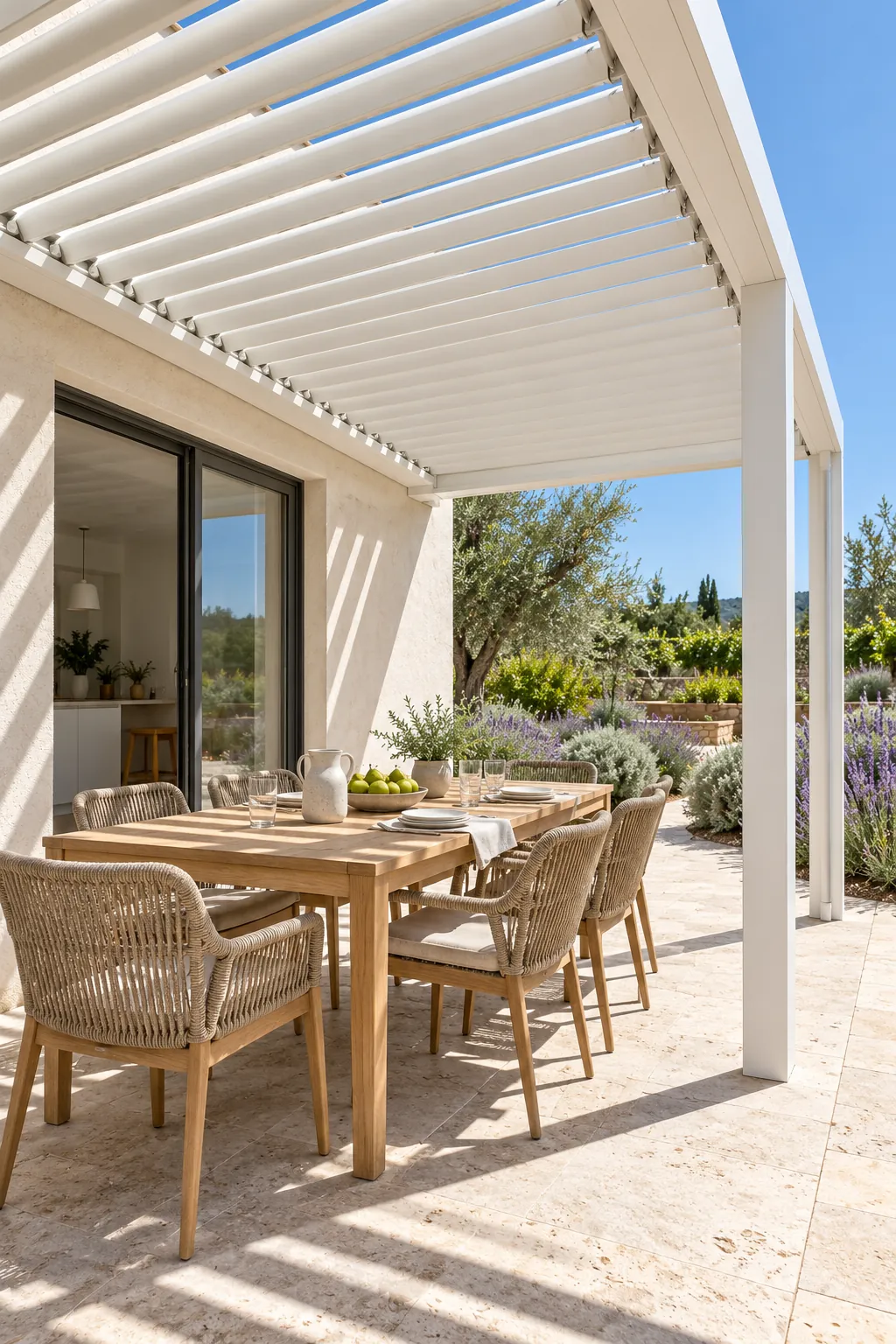 White louvered modern pergola above a pale stone terrace
