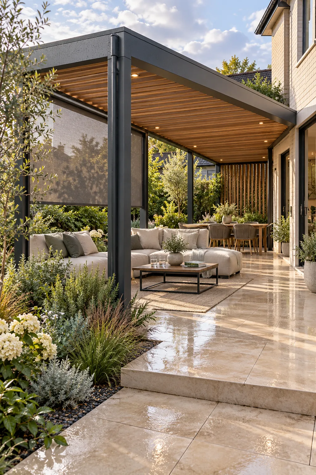 Modern pergola with mixed cedar and black metal framing above a refined patio