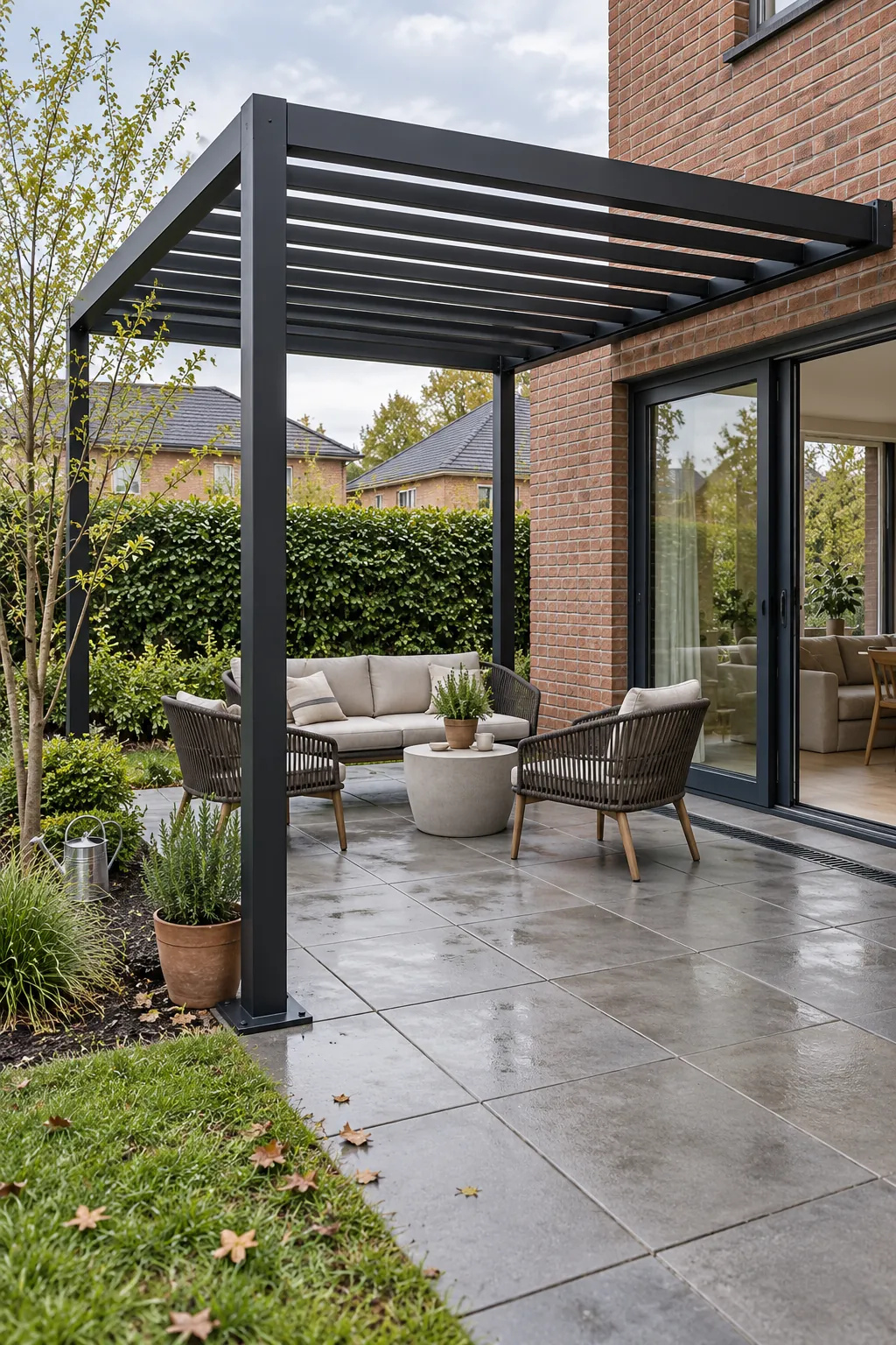Slim black aluminum modern pergola over a compact patio