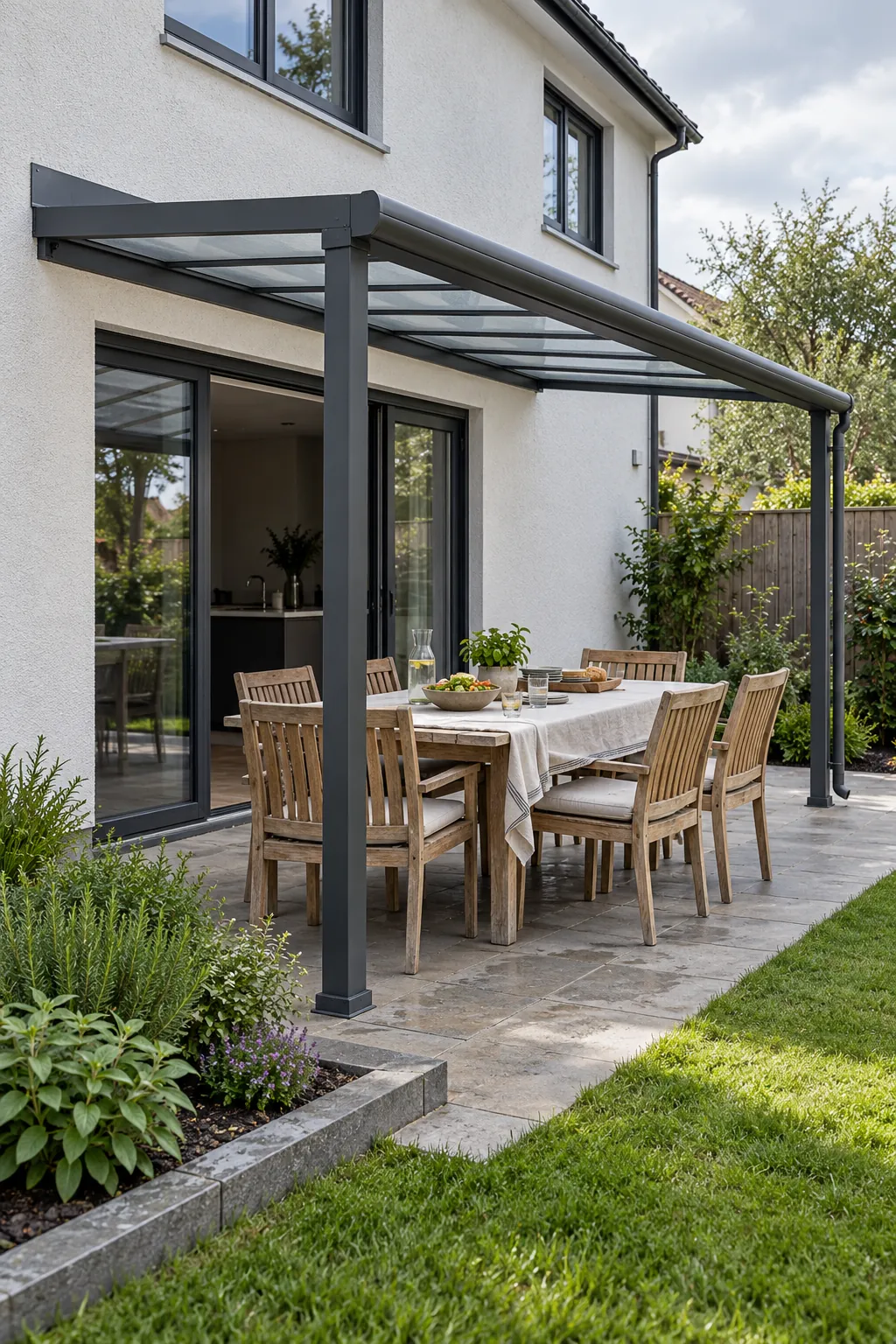 Modern pergola attached to a house above an outdoor dining table