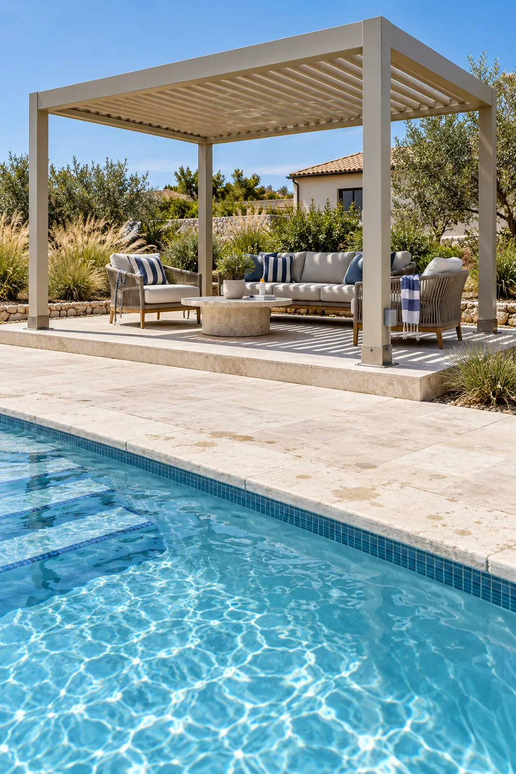 Freestanding modern pergola beside a swimming pool