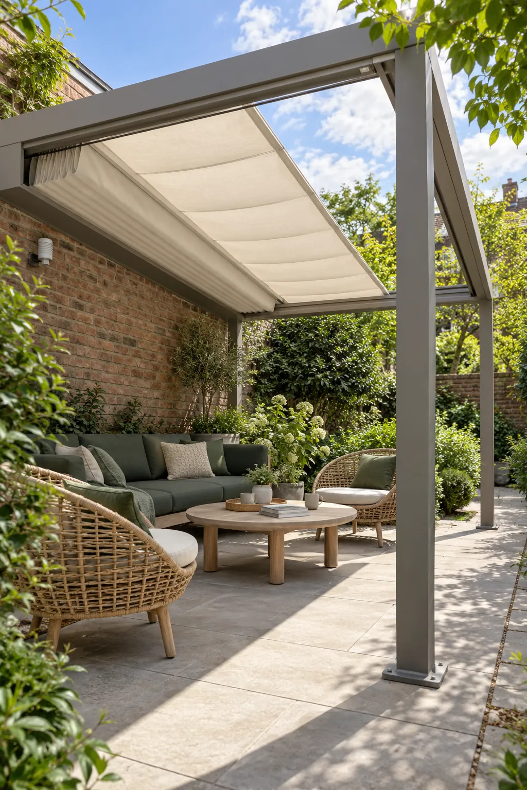 Modern pergola with a retractable fabric roof over lounge seating