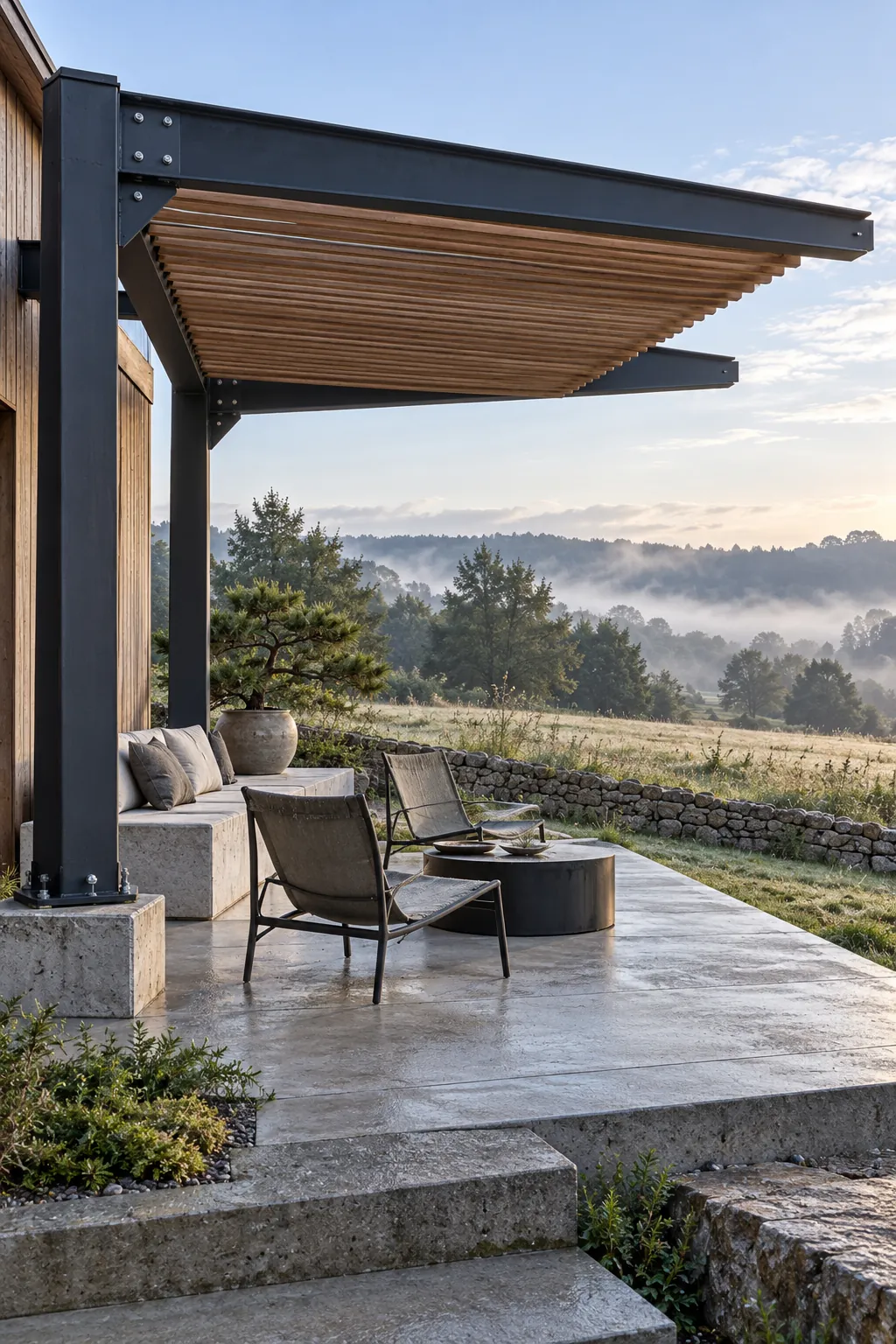 Cantilevered modern pergola framing an open garden view