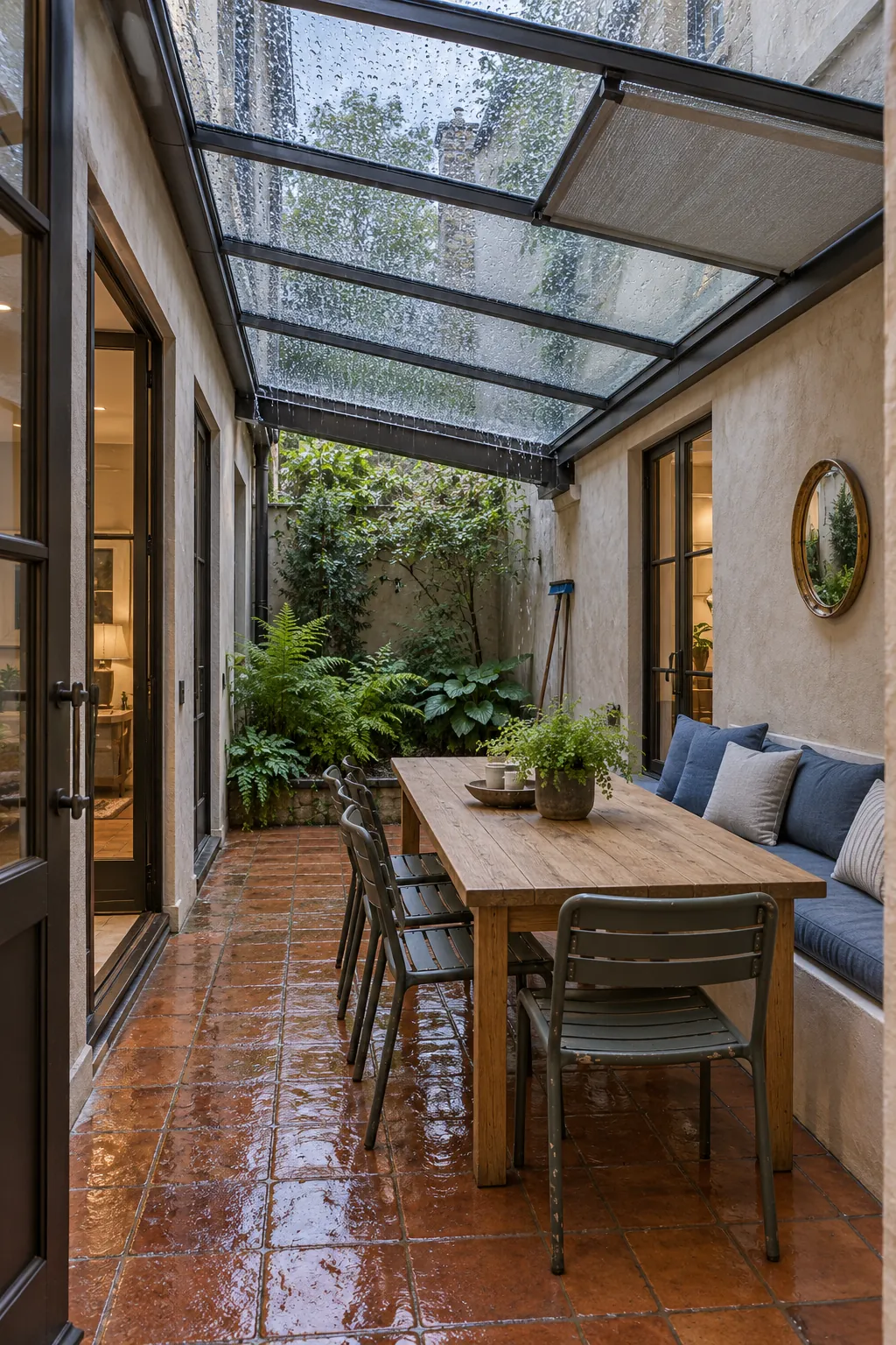 Glass topped modern pergola in a narrow courtyard
