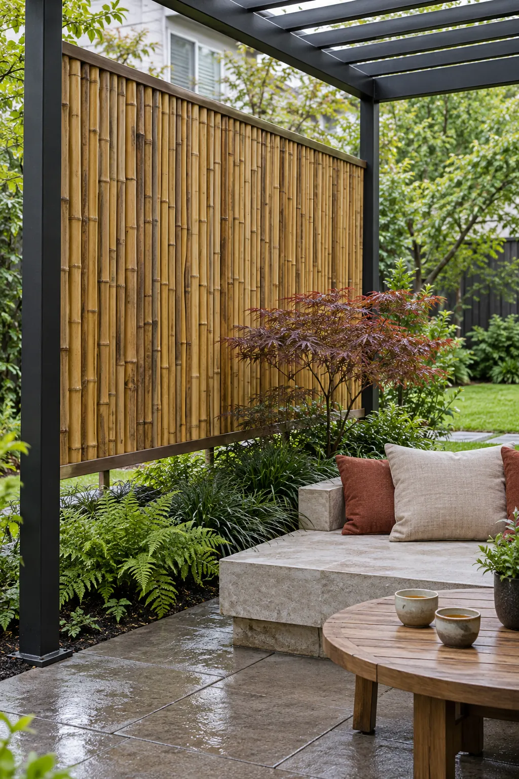 Modern pergola with a bamboo privacy screen and planting strip