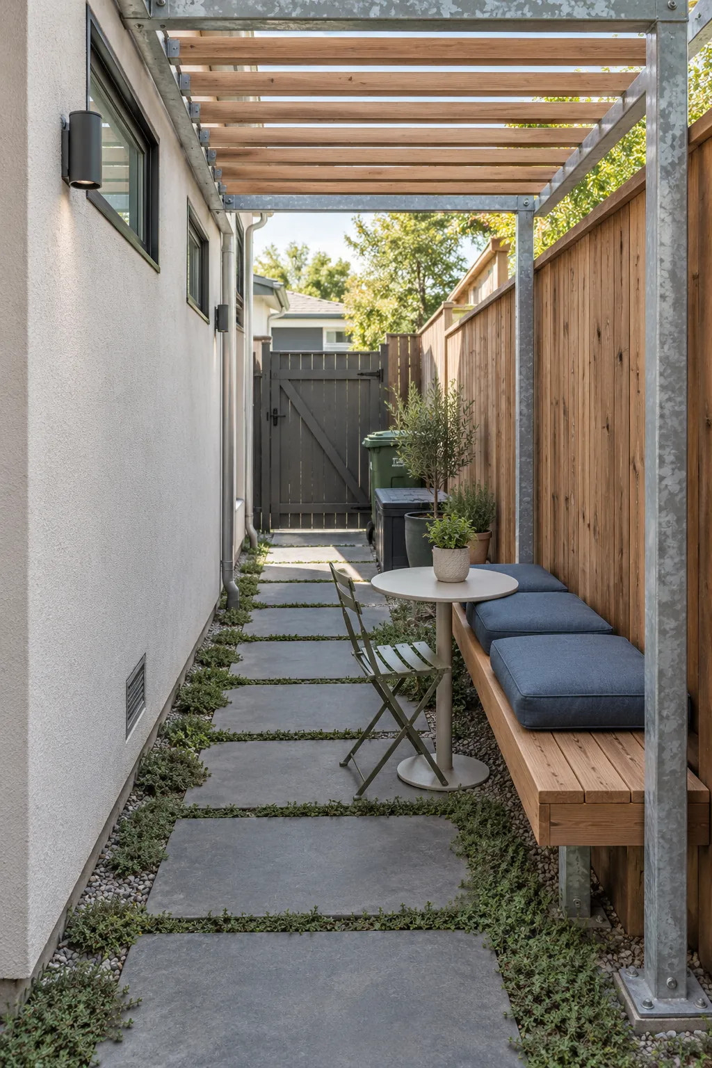 Modern pergola creating a seating area in a narrow side yard
