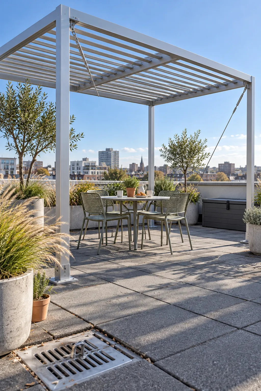 Lightweight modern pergola on a planted rooftop terrace
