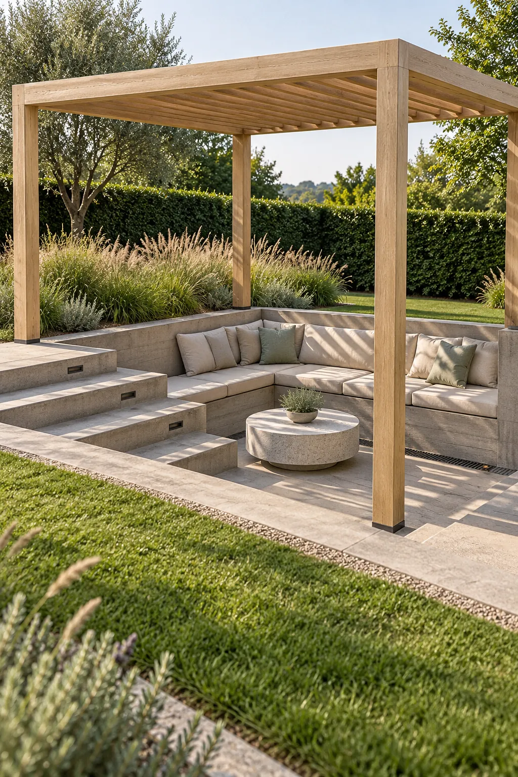 Modern pergola over a sunken outdoor conversation area