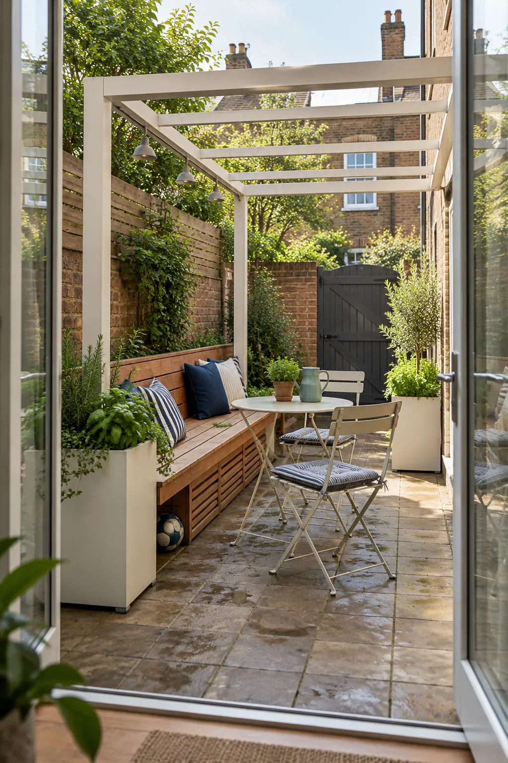 Space saving modern pergola in a compact townhouse patio